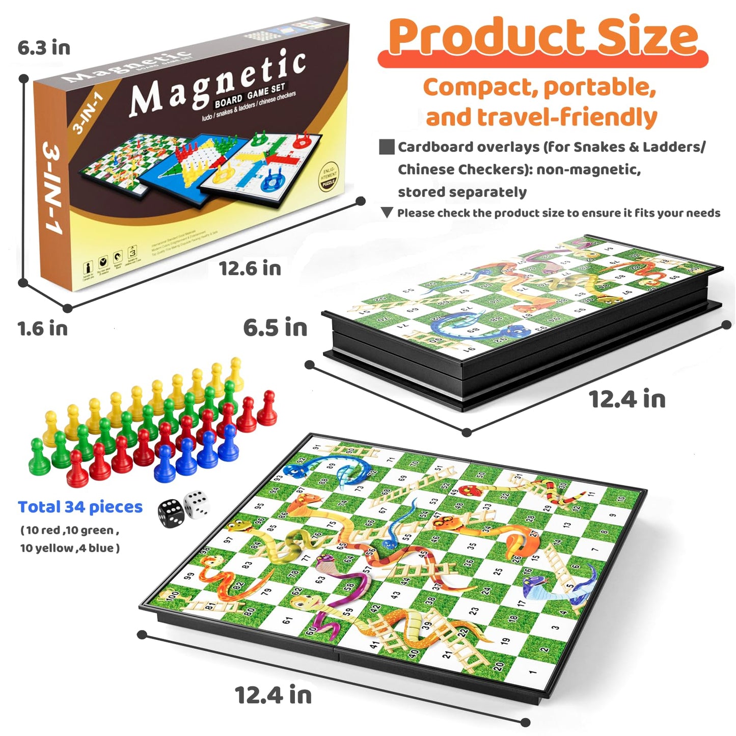3 in 1 Magnetic Board Games Set for Kids Adults - Classic Travel Game Set with Chinese Checkers, Ludo, Snakes and Ladders, Educa