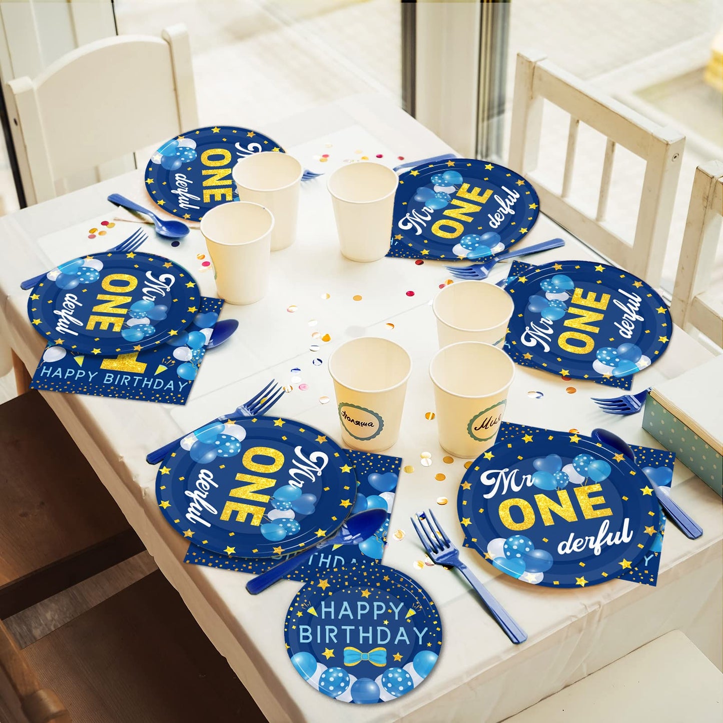 Tevxj 96Pcs Mr Onederful 1St Birthday Tableware Set First Birthday Dinnerware Disposable Plates Birthday Theme Party Plates Napkins Forks For Baby Boy 1St Birthday Party Decorations Supplies 24 Guests
