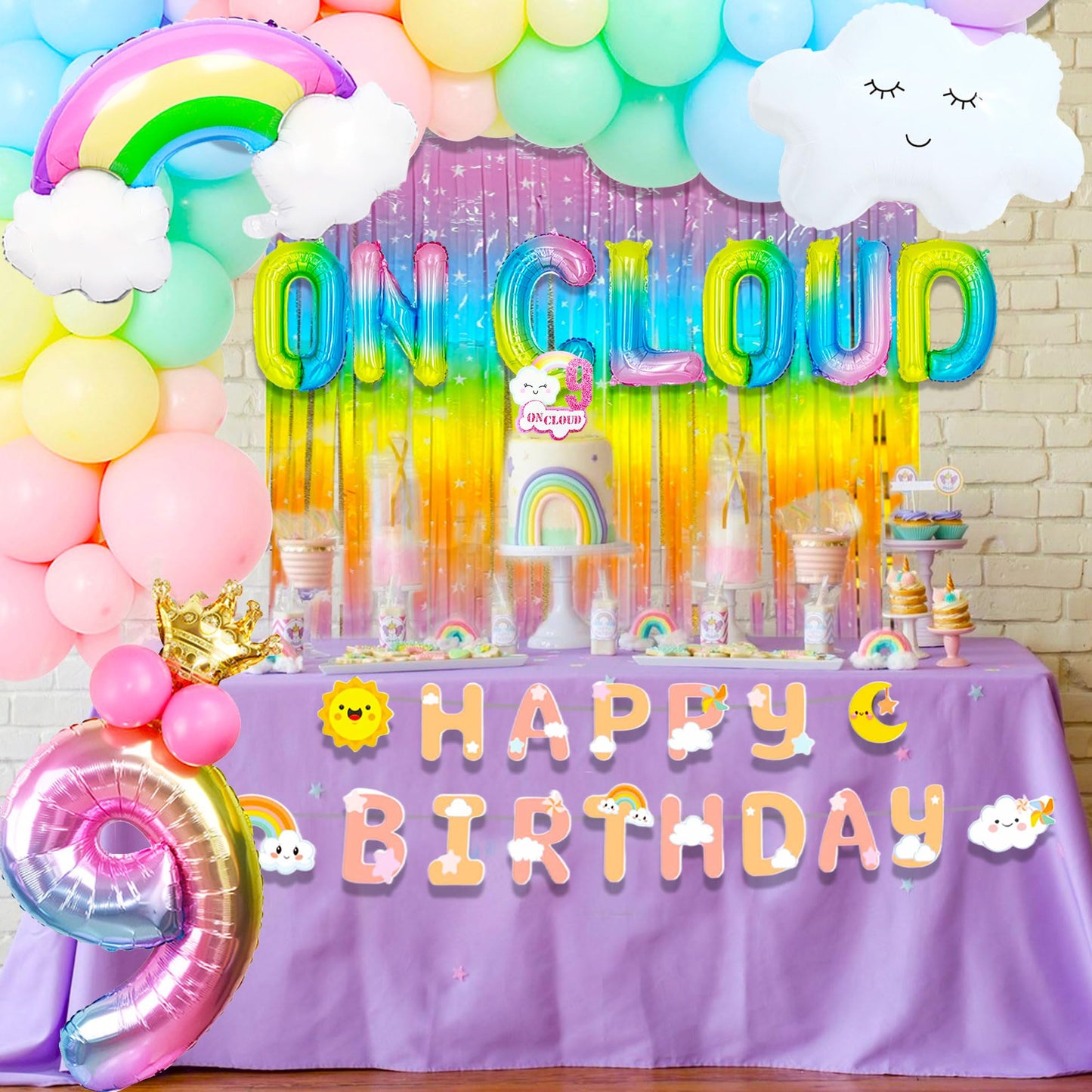 Laventy 57 Pcs Rainbow On Cloud 9 Balloons On Cloud 9 Birthday Decoration On Cloud 9 Cake Topper Nine Years Old Birthday Balloon On Cloud 9 Party Supplies Cloud Balloon