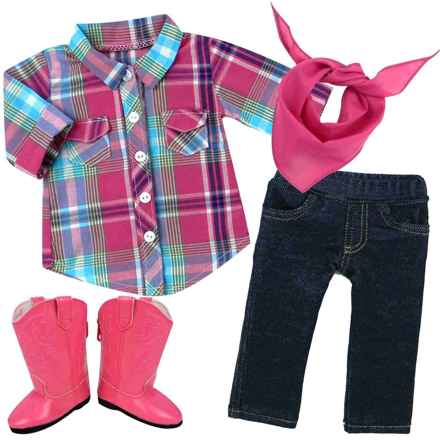 Sophia'S 18'' Doll 4 Pc. Western Outfit Plaid Shirt, Jeggings, Pink Boots And Bandana Outfit, Multicolor