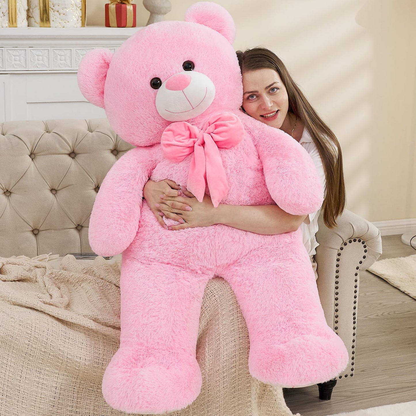 Tezituor Giant Teddy Bear, 4 Feet Soft Big Stuffed Animal Life Size 47 Inch Plush Bear Toy Valentine'S Christmas Birthday Gift For Girlfriend Kids,Pink