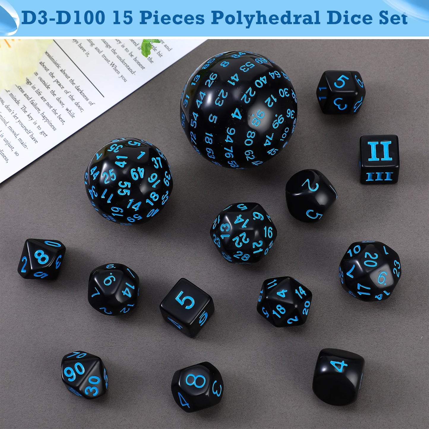 15 Pieces Complete Polyhedral Dice Set D3-D100 Spherical RPG Dice Set in Opaque Black, 100 Sides Dice Set for Role Playing Table
