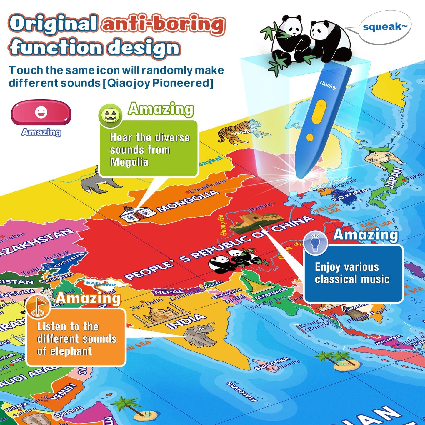 Qiaojoy Bilingual Interactive World Map For Kids Learning And Educational Toys, Talking Electronic Kids World Map I-Poster Geogr