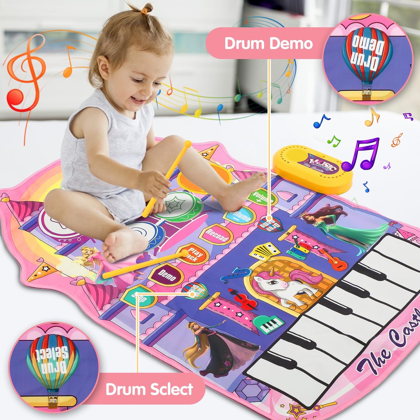 2 In 1 Piano Drum Babies Play Mat, Piano Keyboard & Drum Animal Touch Unicorn Knight Dinosaur Toys, Early Educational Musical Le