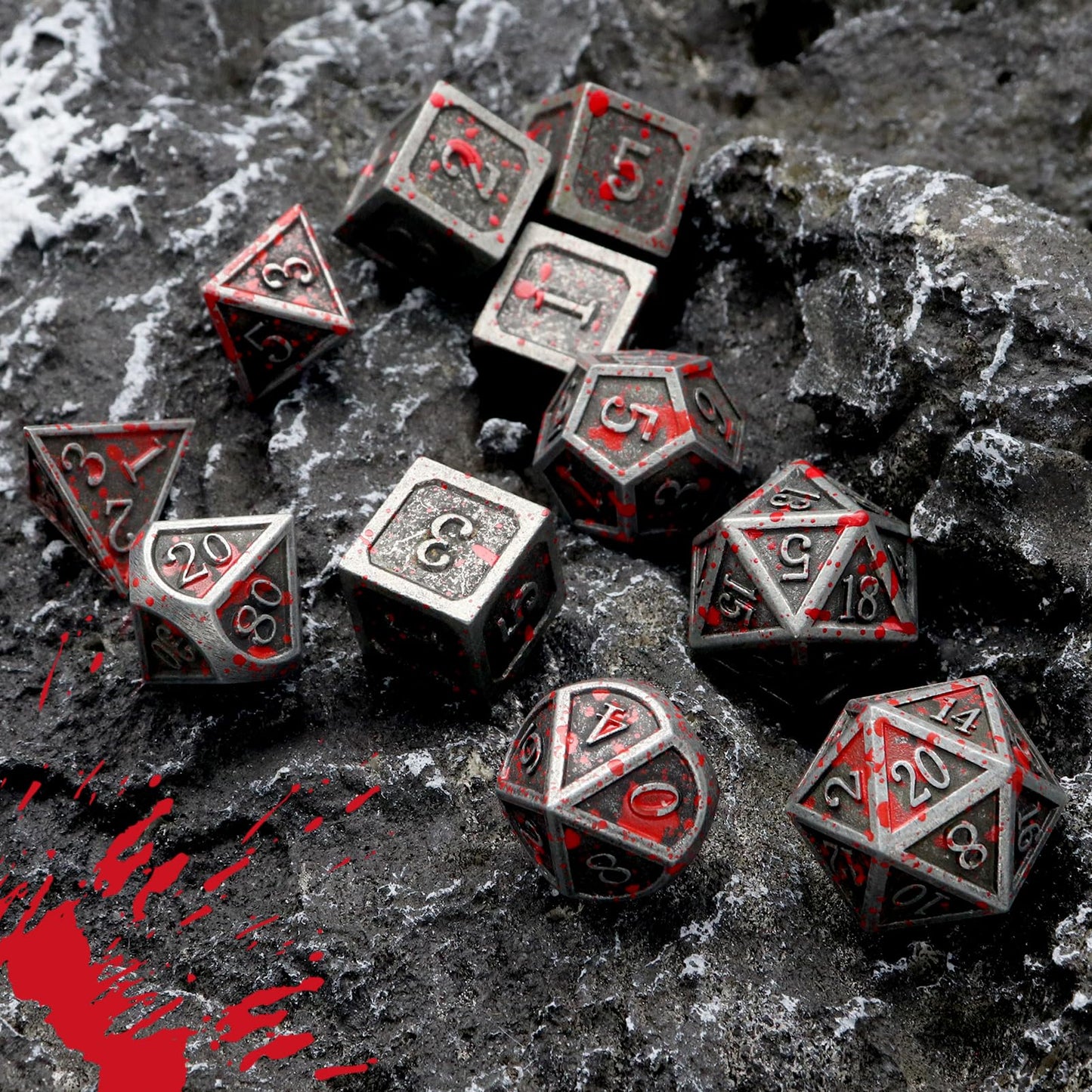 Haxtec 11PCS Bloodstained Metal DND Dice Set Blood Polyhedral D&D Dice for Dungeons and Dragons Gift TTRPG Antique Metal DND 5e
