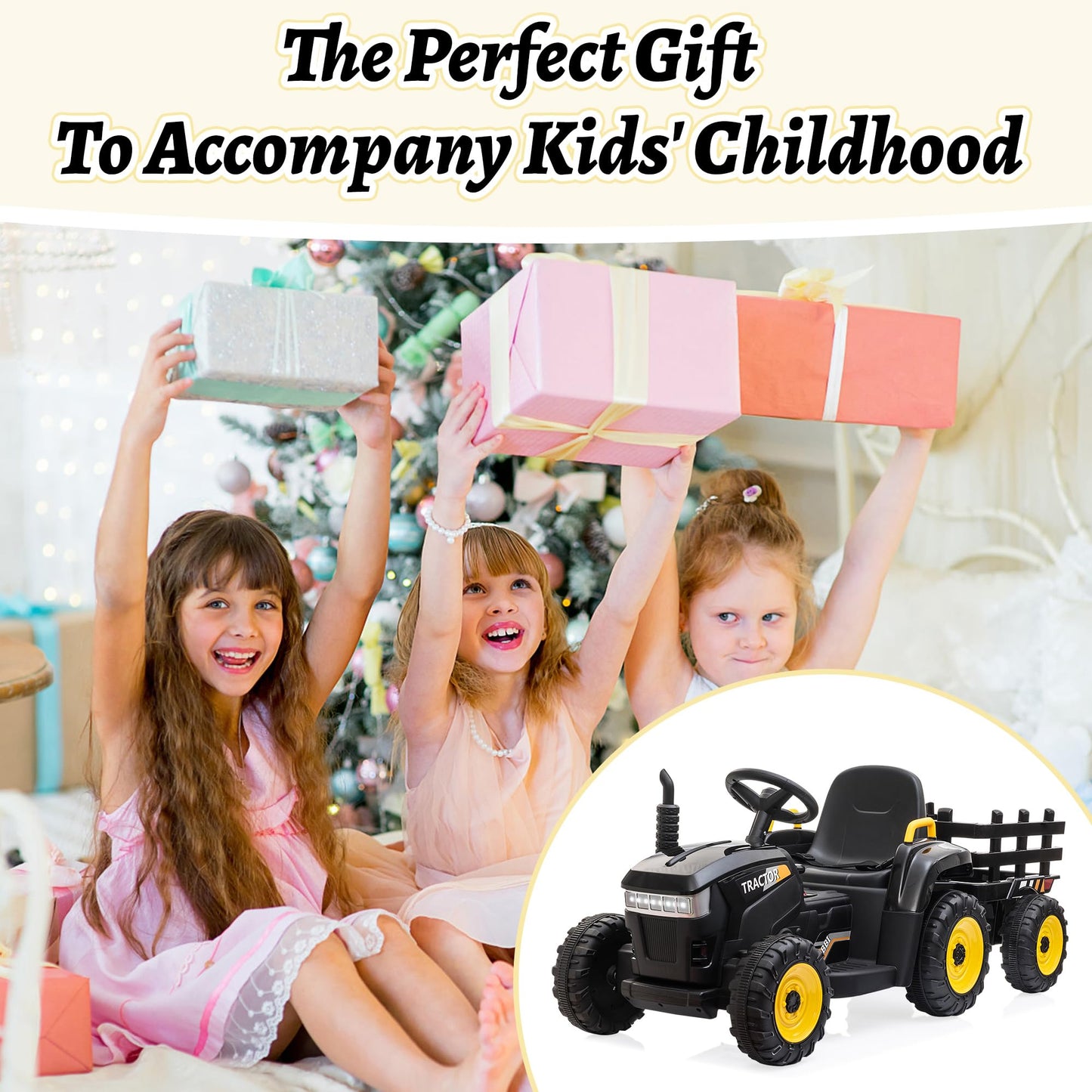 Tobbi Kids Electric Ride On Toy Tractor, 12V Battery-Powered 4 Wheels Ride On Car With Trailer For Toddlers 3-6 Years-Black