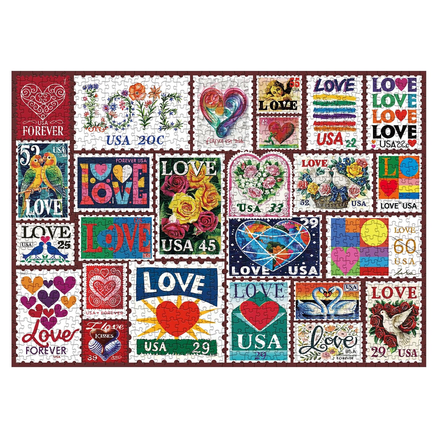 Love Heart Stamps Puzzles 1000 Pieces For Adults, Colorful Valentines Jigsaw Puzzle, Romantic Collage Puzzles For Father'S Day A