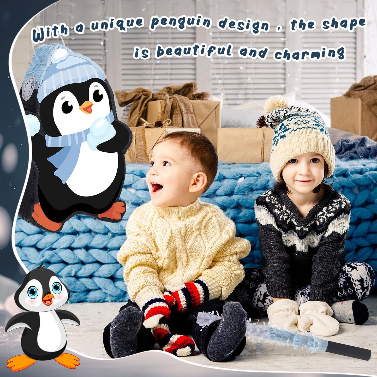Lewtemi 15.1 Inch Penguin Piñata Winter Penguin Party Supplies Candy Animal Piñata With Stick Confetti And Blindfold Gift For Boy Girl Adults Winter Theme Birthday Party Supplies Decorations (Elegant)