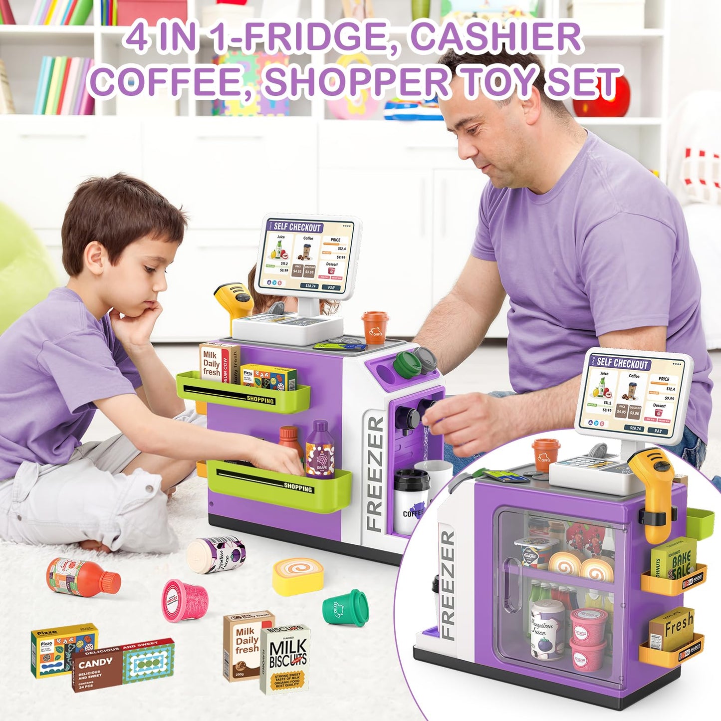 Deao Toy Cash Register For Kids Pretend Play Store Calculator Money 3 In 1 Coffee Machine Set Toys With Water Outlet Function Pl