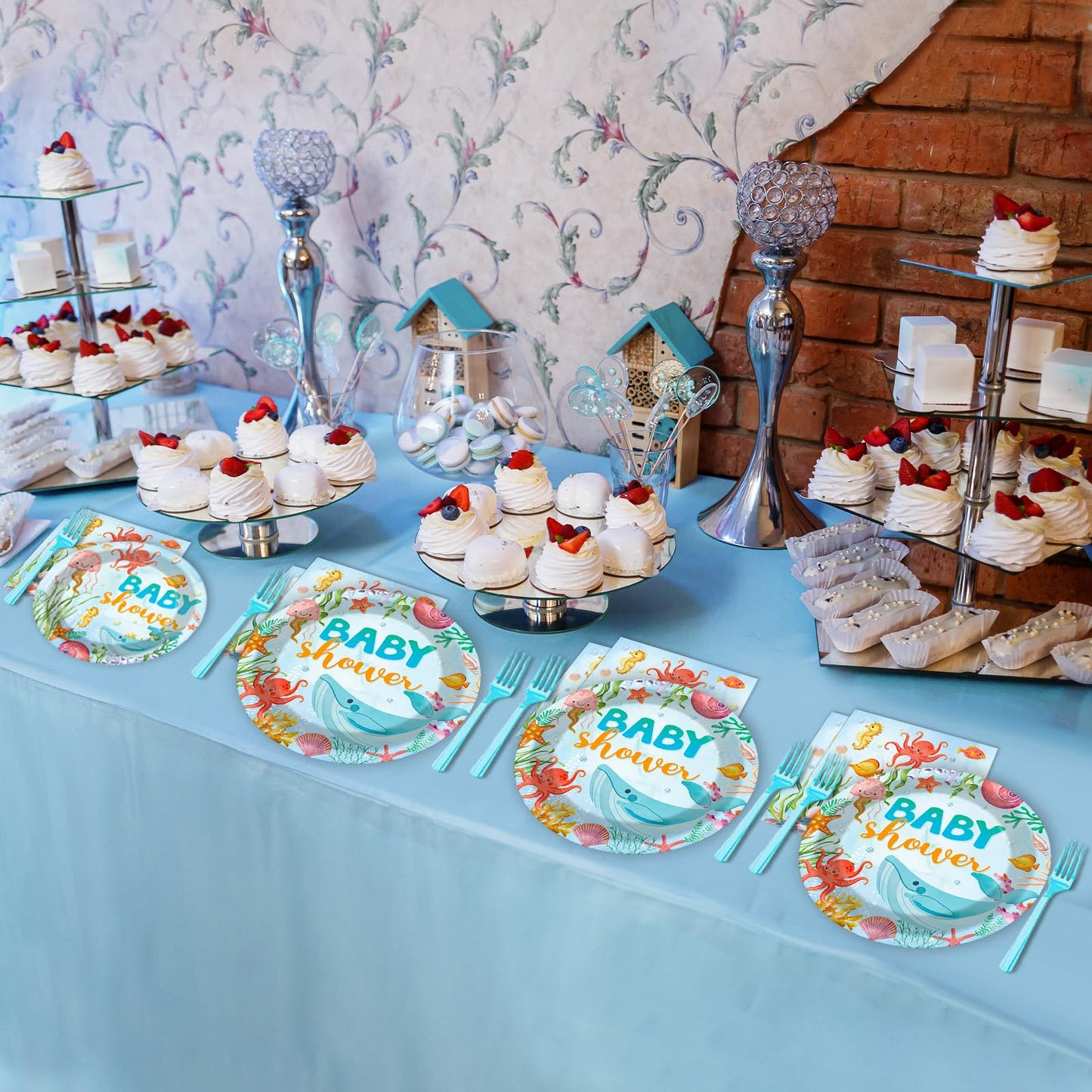 Gisgfim 96Pcs Under The Sea Baby Shower Party Supplies Paper Plates Napkins Ocean Theme Party Tableware Set Ocean Animal Underwa