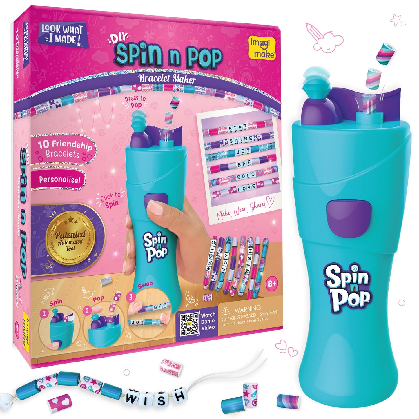 Imagimake Spin N Pop Diy Bracelet Making Kit | Patented Electric Bracelet Maker | Ages 8-13 | Create 10 Unique Bracelets With Beads & Clasps For Teen Girls | Easter Gifts For Kids | Easter Toys