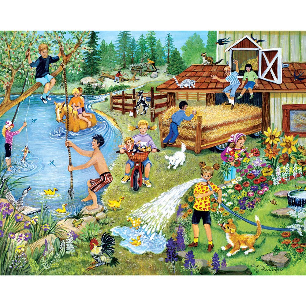 Bits And Pieces – 4-In-1 Multi-Pack 300 Piece Jigsaw Puzzles For Adults – Fun On The Farm By Artist Sandy Rusinko, Completed Puzzle Size: 16' X 20'
