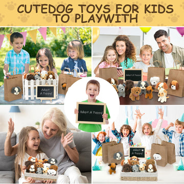 35Pcs Adopt A Puppy Party Favors Mini Stuffed Animals Set Includes 12Inch Rattan Frame 12 Pcs Mini Plush Dogs 12 Gift Bags White