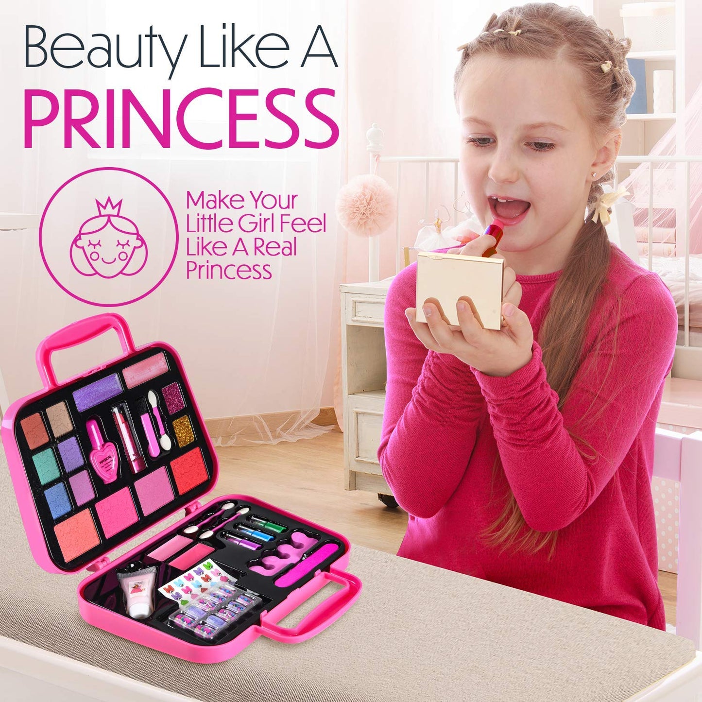 Toysical Kids Makeup Kit - Non-Toxic, Washable, Pink - Real Makeup for Ages 3-10 - Princess Birthday Gift