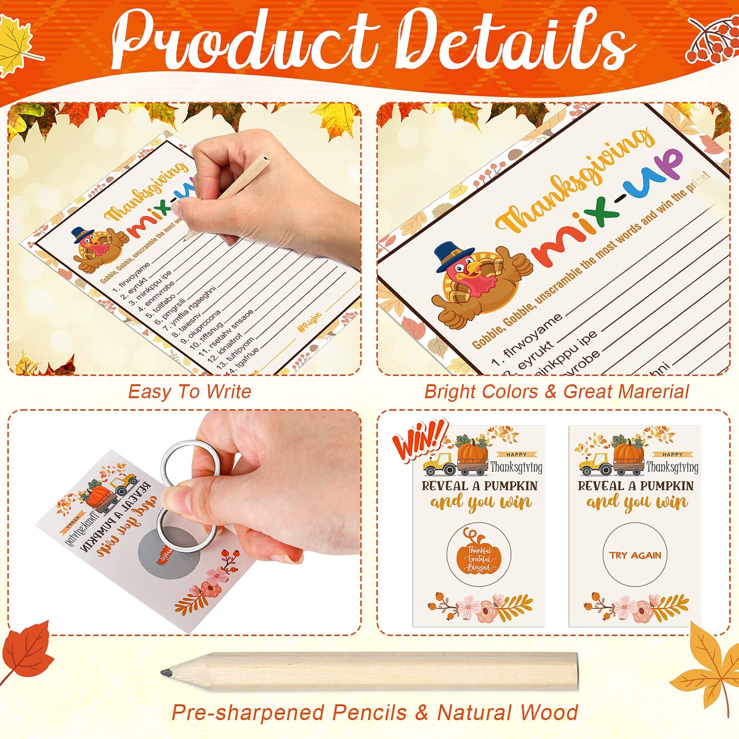 135 Pieces Thanksgiving Party Games Sets, 125 Funny Happy Holiday Party Games Paper Cards with 10 Editable Pencils Gifts for Tha