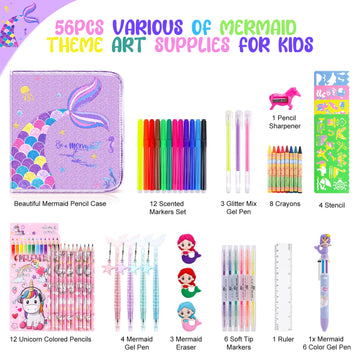 MAIGOZON Mermaid Art Craft Kit, 56 Pieces, Purple, Includes Markers, Crayons, Gel Pens, Stencils, and Ruler, Model MS-01