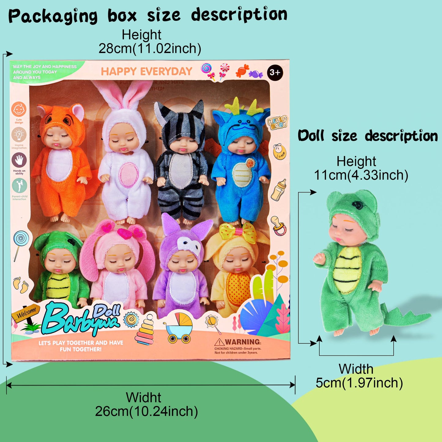 Dollbie 8 Pack Mini Baby Dolls - 4 Inch Animal Theme Lifelike Baby Dolls For Girls
