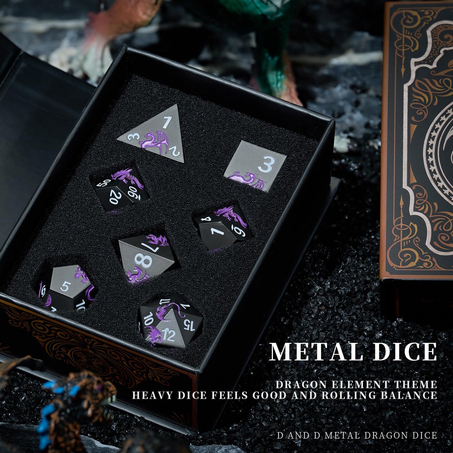 Metal Dice Set D&D, HNCCESG Polyhedral Dice 7 Piece Dice Dragon Metallic DND Dice Set for Dungeons and Dragon RPG Tabletop Game(