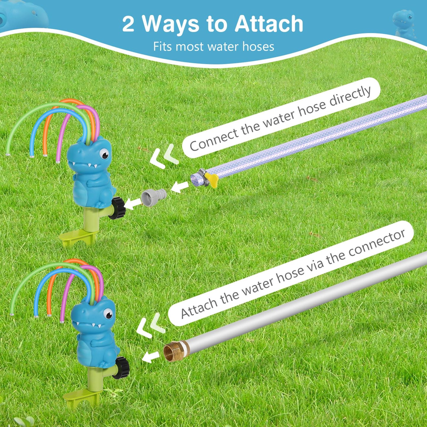 Moko Water Sprinkler For Kids, Dinosaur Toddler Outdoor Toys With 4 Wiggle Tubes And Hose Clamp, Outdoor Play Toys Spray Up To 8