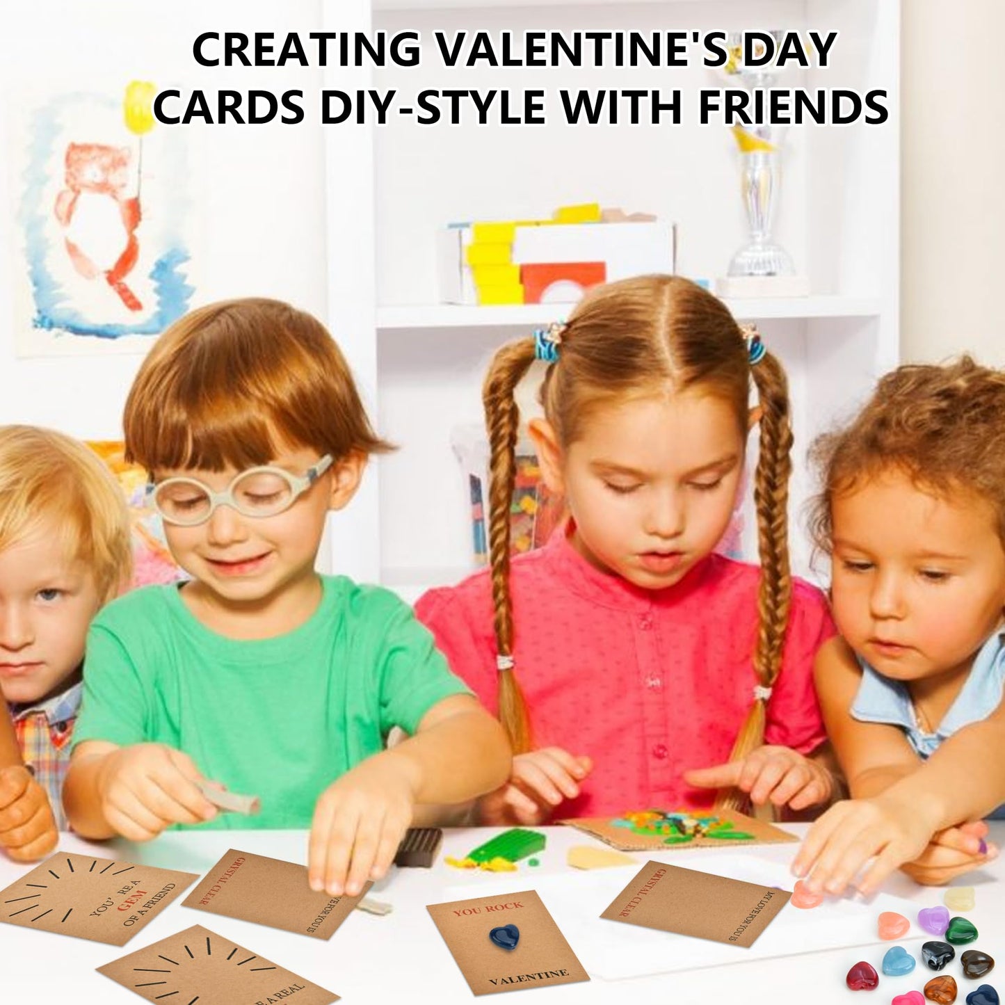 Valentines Day Gifts for Kids, 36 Pack Valentines Cards with Heart-Shape Crystal Stones kawaii, Preppy Valentine Exchange Card F