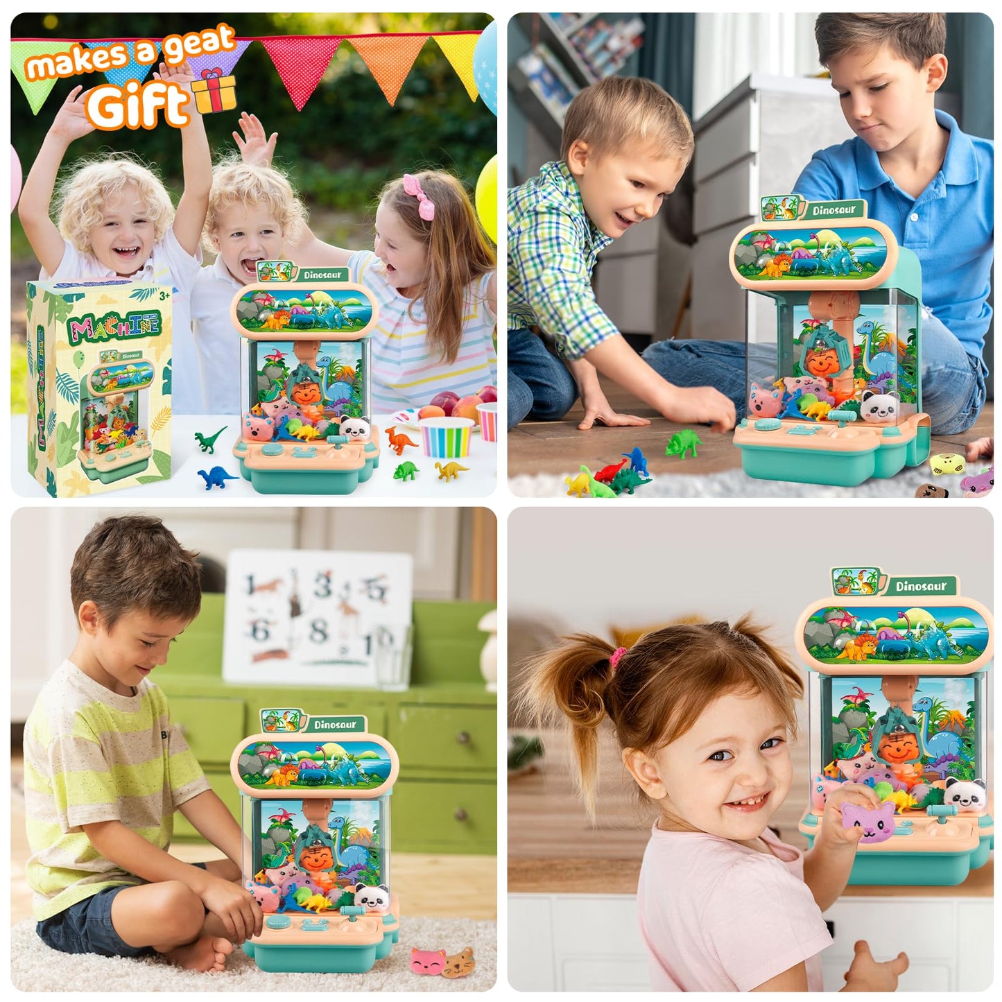 Claw Machine For Kids,Mini Dinosaur Vending Machines Candy Grabber Prize Dispenser Pink Toys For Boy Girl,Electronic Arcade Game With 10 Mini Plush Toys And 12 Dinosaur Toys For Easter Birthday Gifts