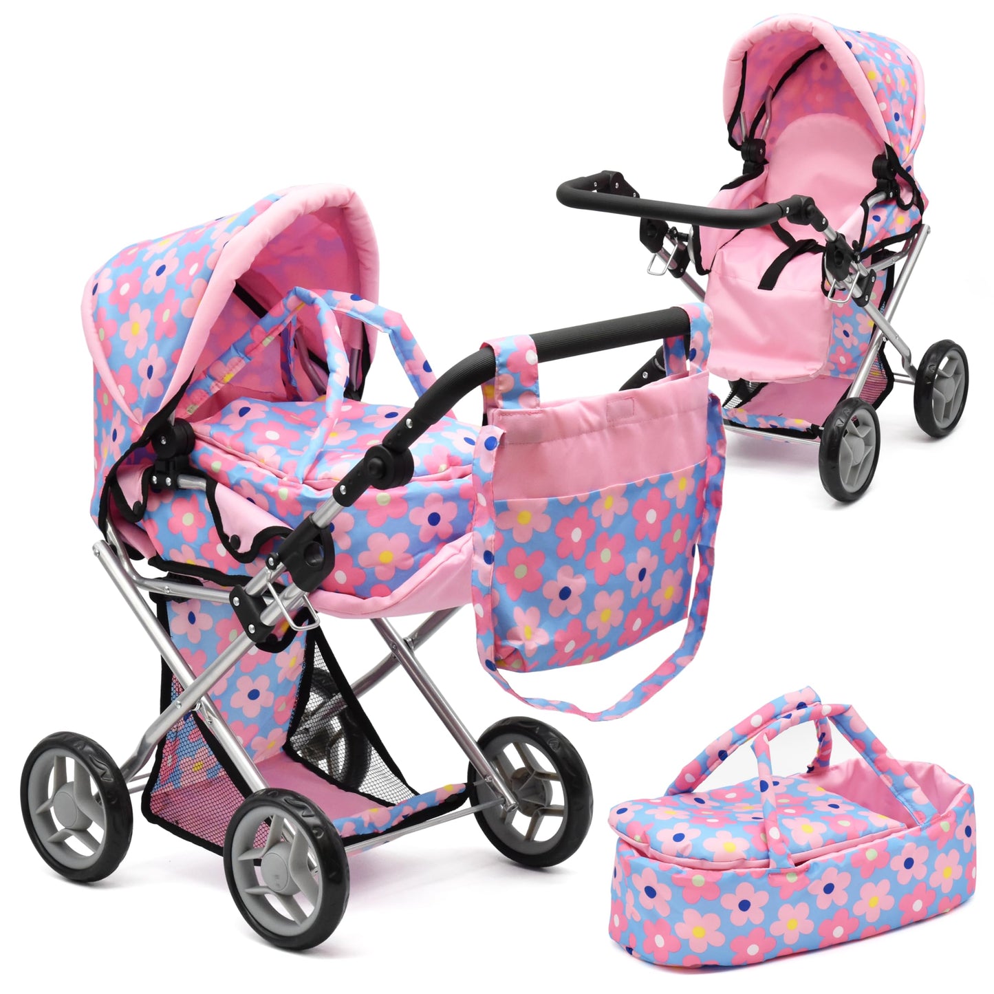 Baby Doll Convertible Pram Stroller With Removable Travel Bassinet Carrier For Kids Adjustable Handle Buggy Carriage With Canopy