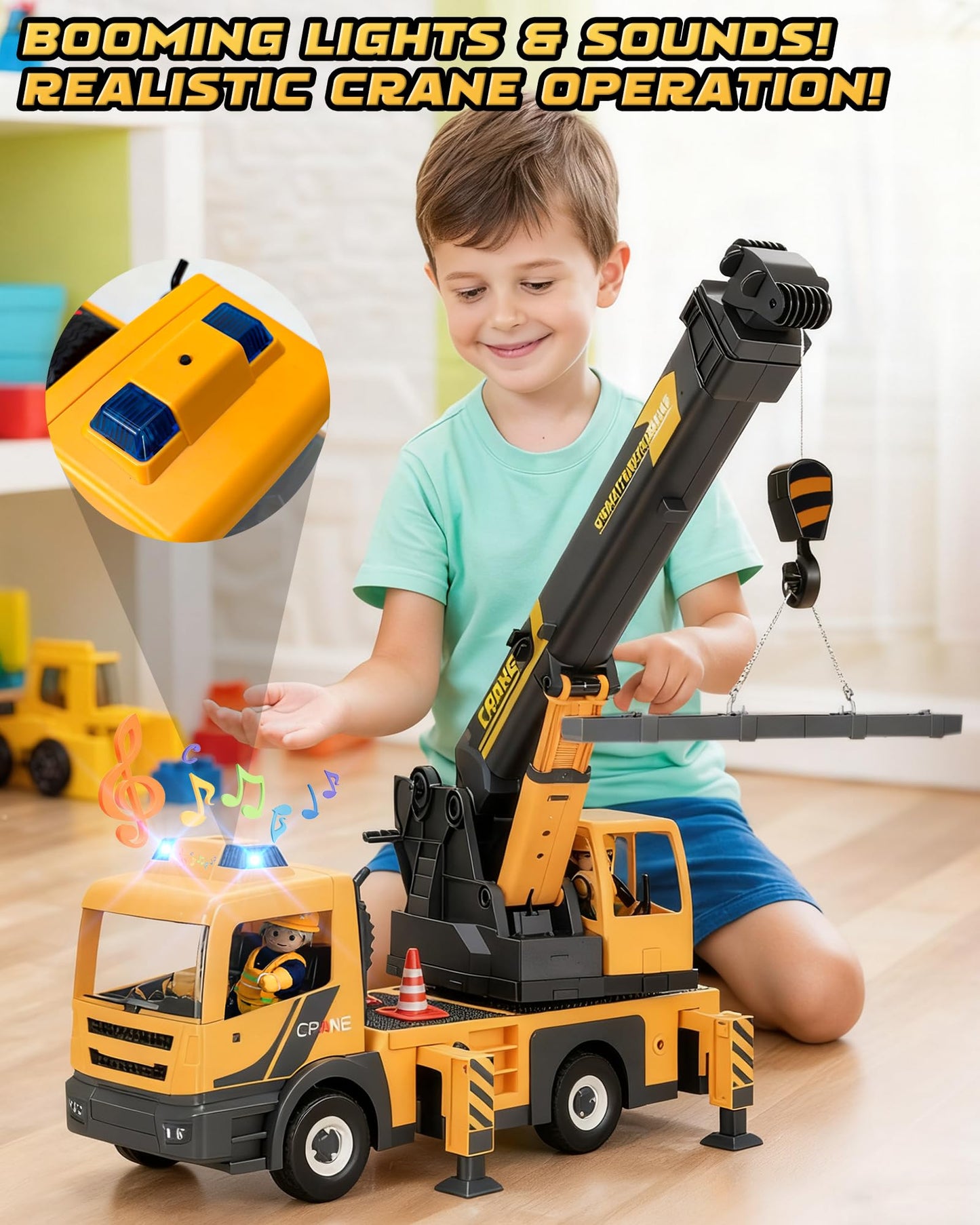 Coroiesty Large Crane Truck Toy - Extendable Arm, Lights & Sirens, Plastic, Yellow, Model QL888-20 for Kids 3-8 Years Old
