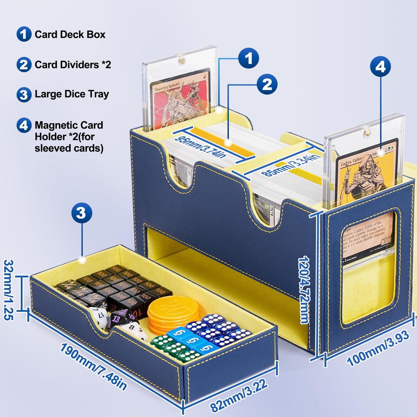 Uaono Card Deck Box For Mtg, Double Card Storage Box With 2 Commander Display & 1 Dice Tray, Fits 200+ Double Sleeved Cards, Card Organizer For Ccg Tcg Sports Cards (Blue Yellow)