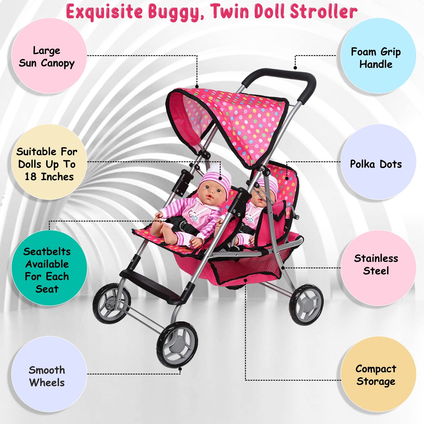 Toy Doll Stroller - Pretend Play Doll Stroller For Dolls - Toy Stroller With Storage Basket For Doll Accessories Set - Polka Dot