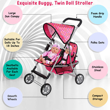 Toy Doll Stroller - Pretend Play Doll Stroller For Dolls - Toy Stroller With Storage Basket For Doll Accessories Set - Polka Dot