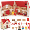 Woodmam Foldable Wooden Doll House With 13Pcs Furniture, 4 Rooms And 2 Flexible Dolls, Pretend Play House Set With Portable Handle, Christmas Birthday Gift For Boys Girls Kids Age 3+