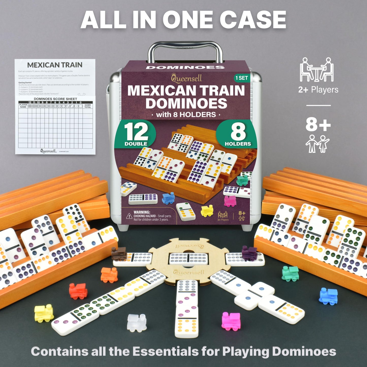 Queensell Mexican Train Dominoes Set With 8 Holders - Wooden Hub And Tiles Holders - Double 12 Tiles With Dots (D12 + 8 Holders)
