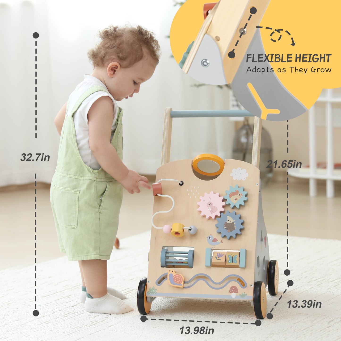 Wooden Baby Walker And Push Toy - Adjustable Height, Montessori Learning Activity Center For Boys And Girls, Toddler Push Walker