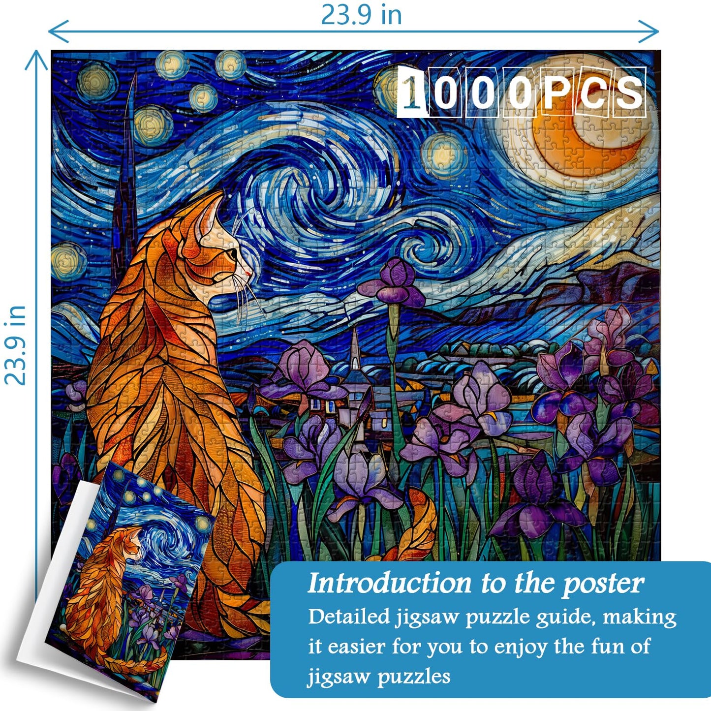 Cat Puzzles For Adults 1000 Pieces, Pickforu Stained Glass Puzzles Feature Purple Iris Flowers, Starry Night, Moonlit Cat Flower Jigsaw Puzzle For Cat Lovers