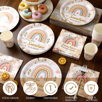 Hushee 200 Pcs Rainbow Baby Shower Paper Plates Napkins Cups Baby Shower Party Supplies Tableware Set Boho Disposable Cup Napkin