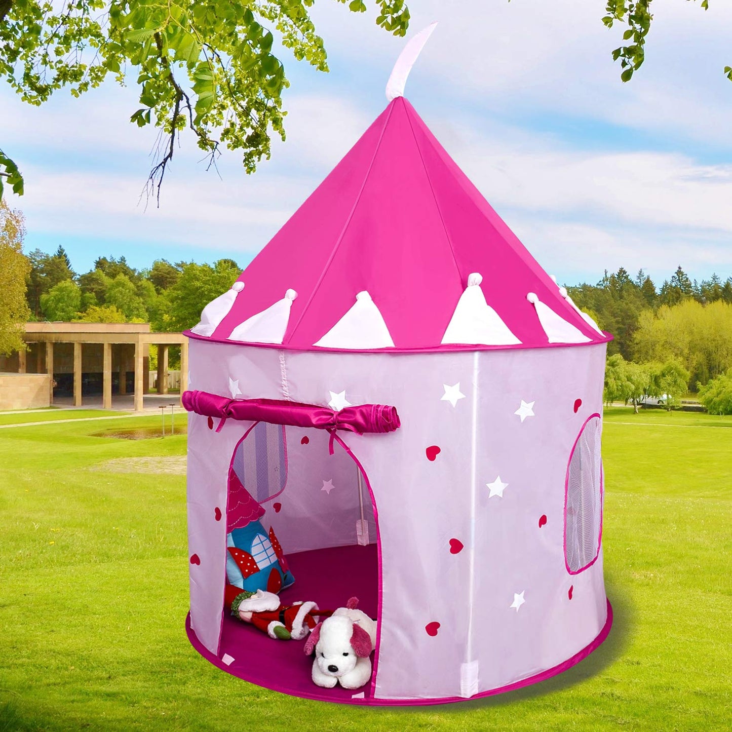 Princess Castle Play Tent With Glow In The Dark Stars Foldable Pop Up Pink Play Tent/House Toy For Indoor Kids Tent & Outdoor Ch