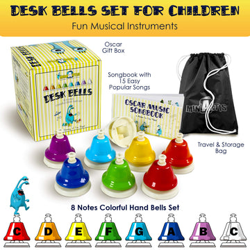 MINIARTIS Desk Bells for Kids - 8 Notes Colorful Hand Bells Set, Metal Musical Instrument with 15 Songbook, Great Birthday Gift