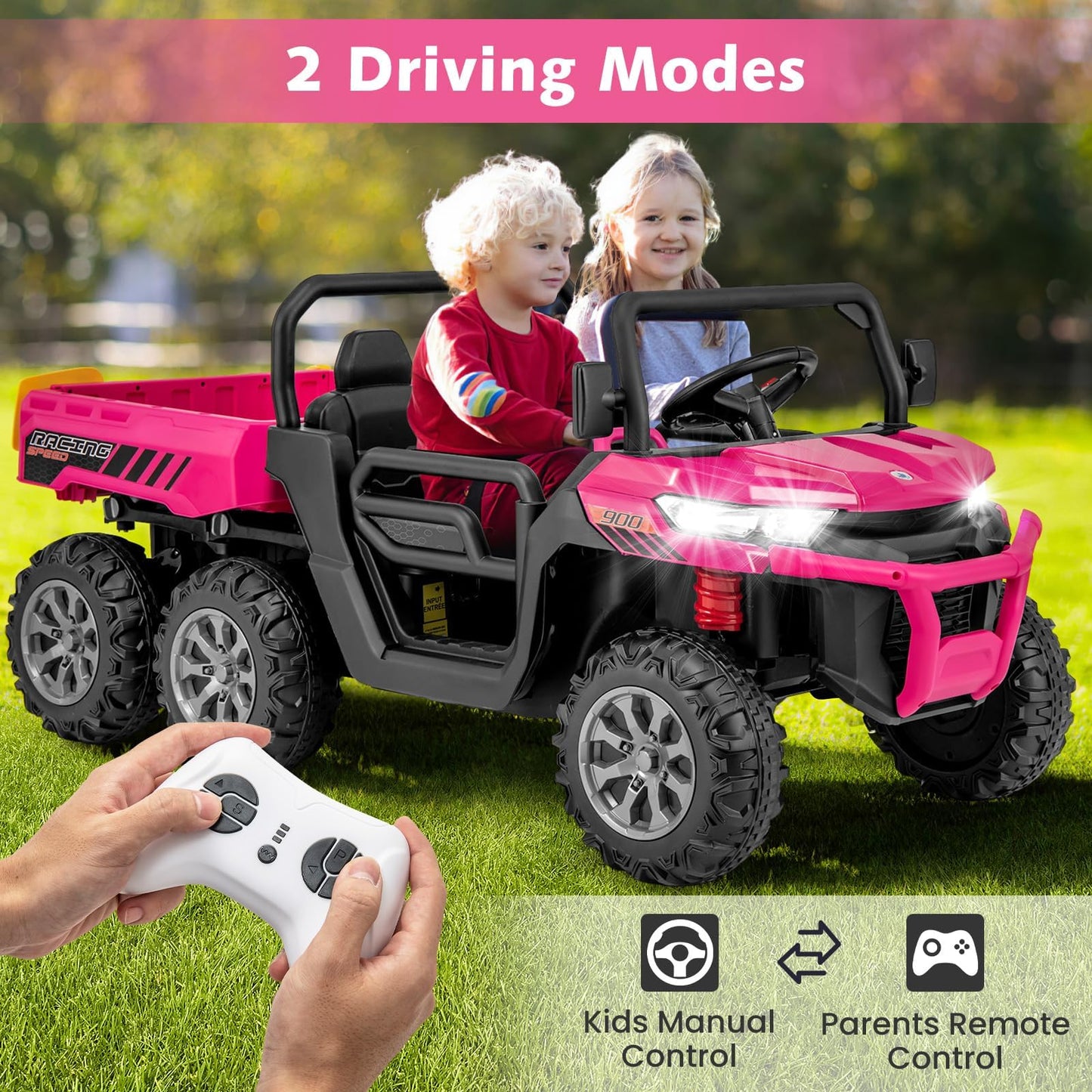 Olakids 24V 2 Seater Ride On Dump Truck, 4Wd 6X6 Battery Powered Kids Utv With Remote Control, 4 X 90W Engine, Electric Dump Bed, Spring Suspension, Ride On Toys For Big Kids (Rose)