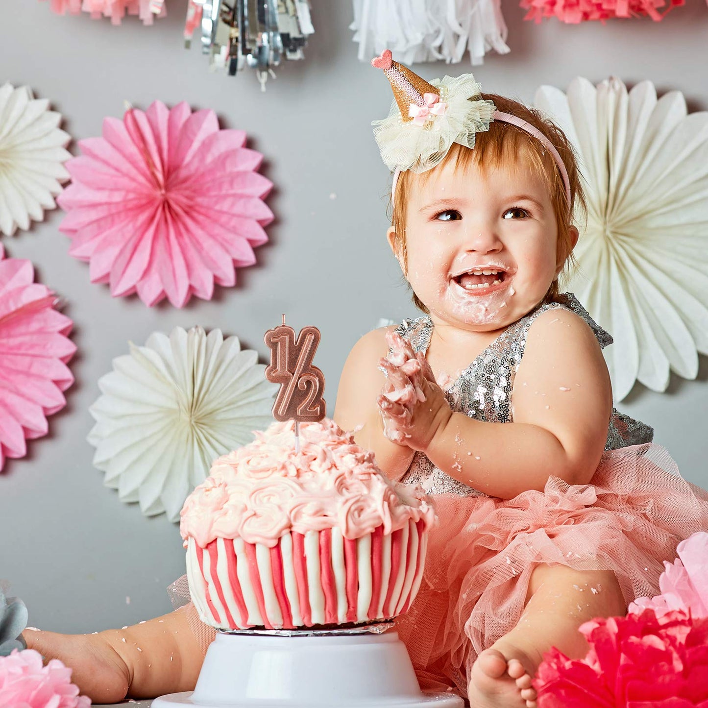 BBTO Half Birthday Candle Cake Topper for 1/2 Year Old Party Decorations - Rose Gold