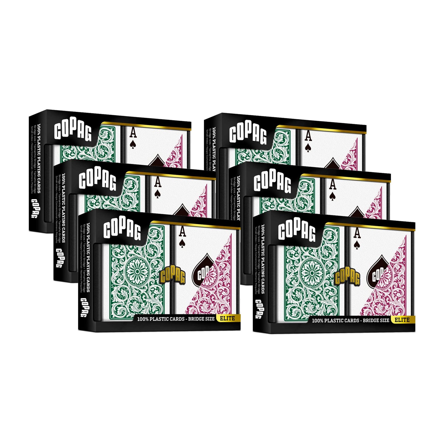 Copag 1546 Design 100% Plastic Playing Cards, Bridge Size (Narrow) Green/Burgundy (Standard Index, 6 Sets)