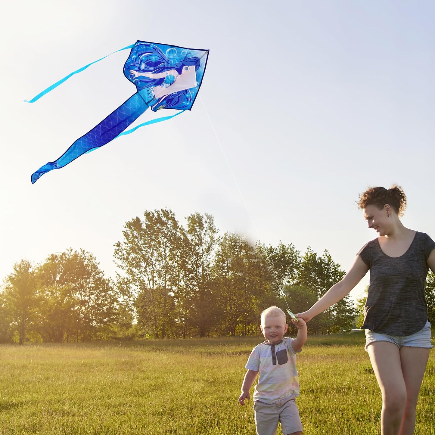 Honbo Large Mermaid Kite For Kids & Adults, Easy To Fly Delta Kite,Beginner Kite For Girls &Boys, Beginner Kite For Kids Ages 4-