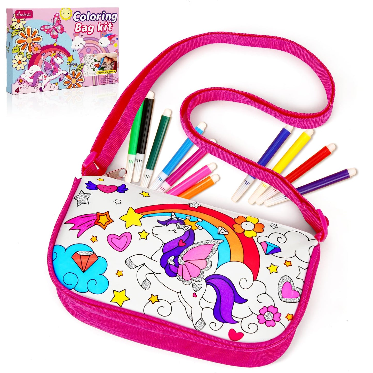 Ambesi Coloring Handbag, Color Your Own Bag, DIY Party Graffiti Bag with 12 Color Pens, Arts and Crafts Kit, Gift for Girls (Uni