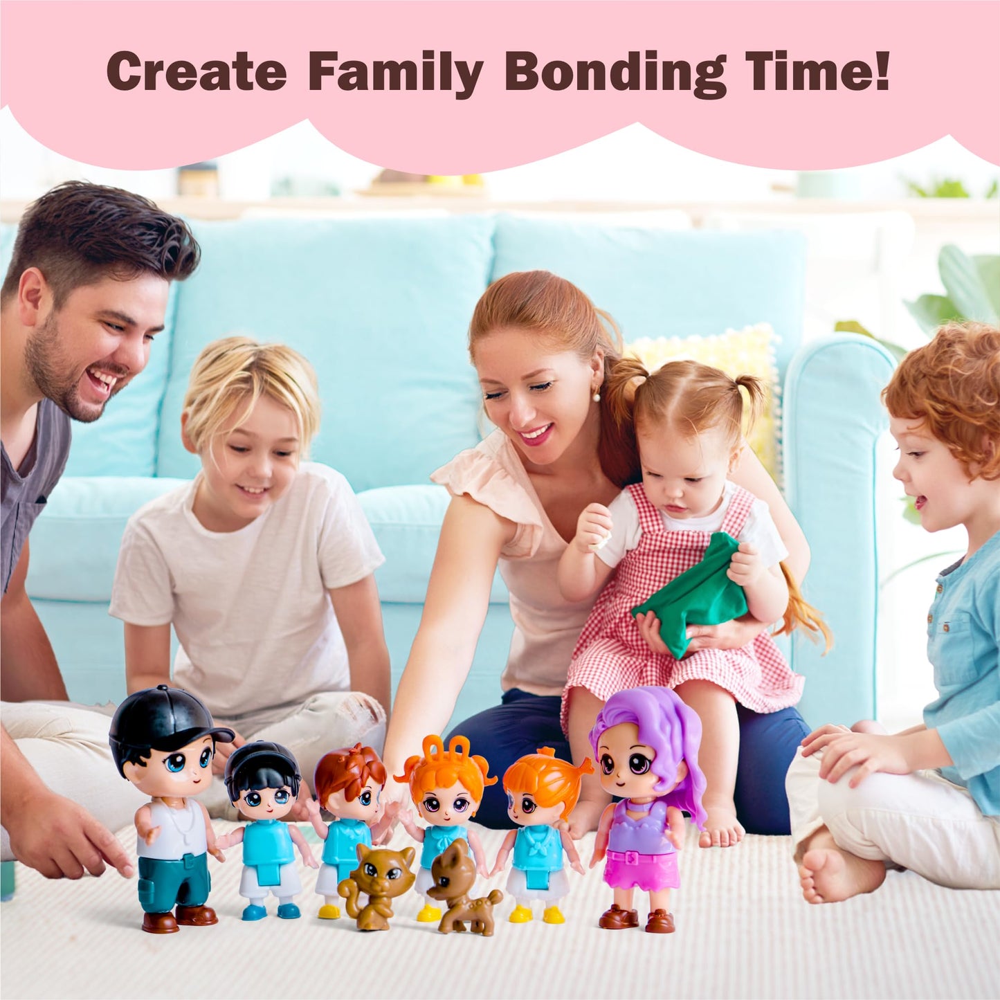 Funerica Dollhouse People, 8 Family Figures And Pets Playset - Bendable Little People Figures - Perfect For Imaginative Fun And Dollhouse Play - Play Doll House Accessories