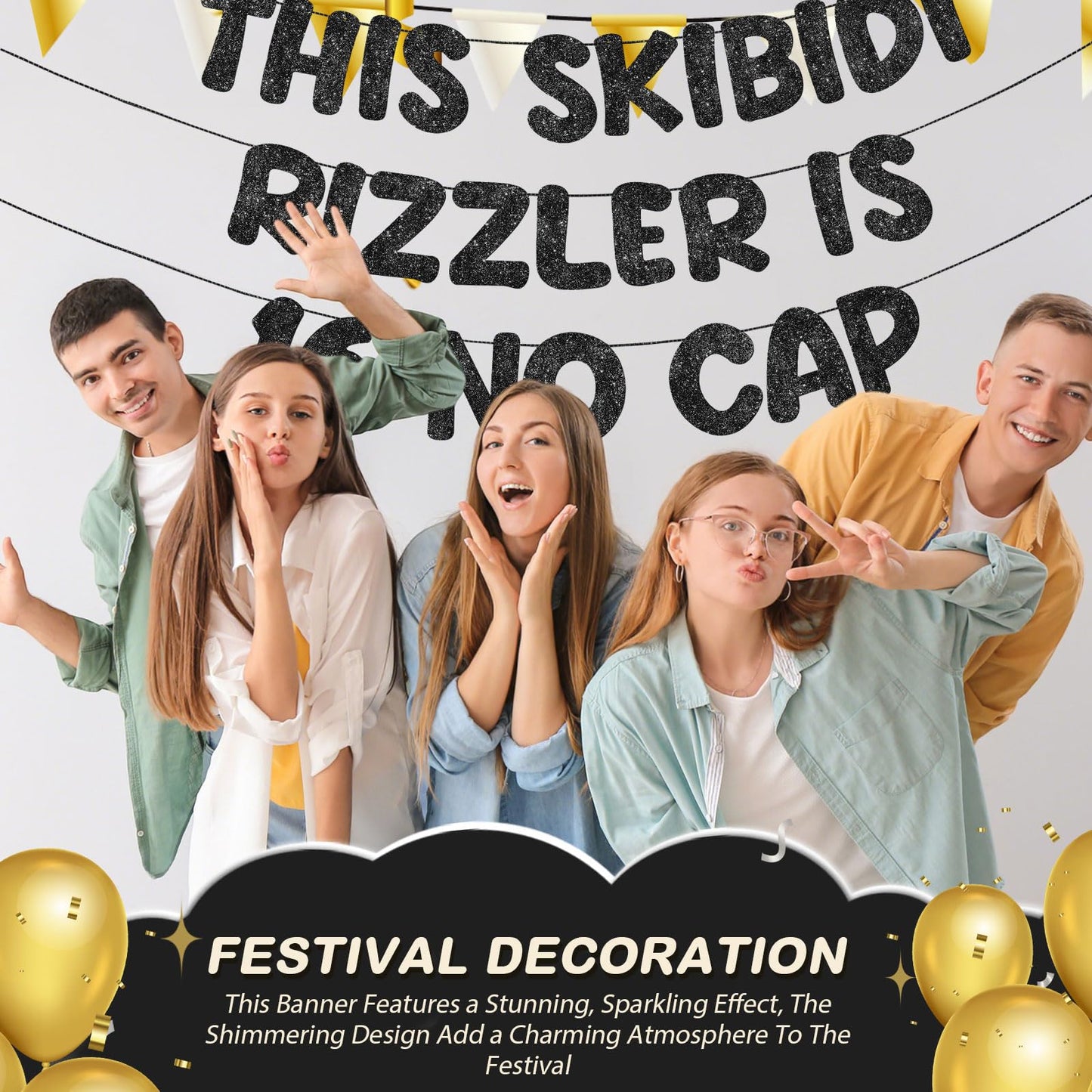 Fulmoon Pre Strung This Skibidi Rizzler Is 16 No Cap Glitter Banner 16th Birthday Party Decorations, Funny Birthday Sign, Party