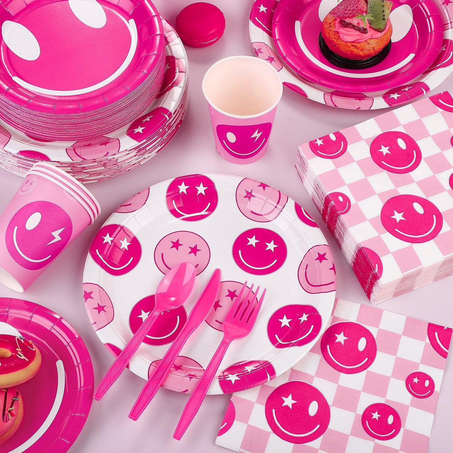 Durony 350 Pcs Preppy Birthday Decorations 50 Guest Disco Cowgirl Party Supplies Pink Smiley Face Paper Plate Cup Napkin Cutlery