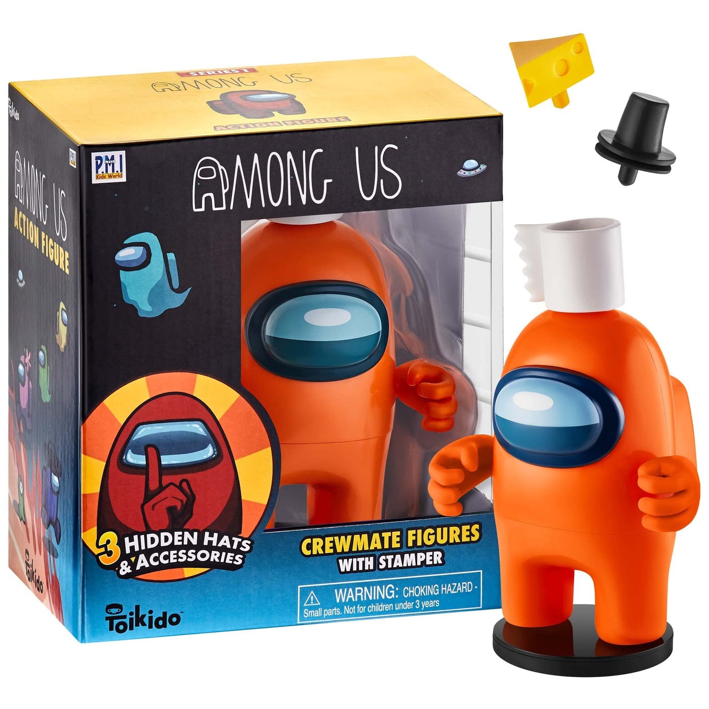 P.M.I. Among Us Crewmate Figure With Stamper | 4.5-Inch-Tall Among Us Toy + 3 Hidden Accessories| Among Us Party Favors And Play