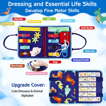 Esjay Toddler Busy Board - Montessori Sensory Toy for Fine Motor Skills, Medium, Blue Dinosaur, Travel-Friendly for Airplane and Car