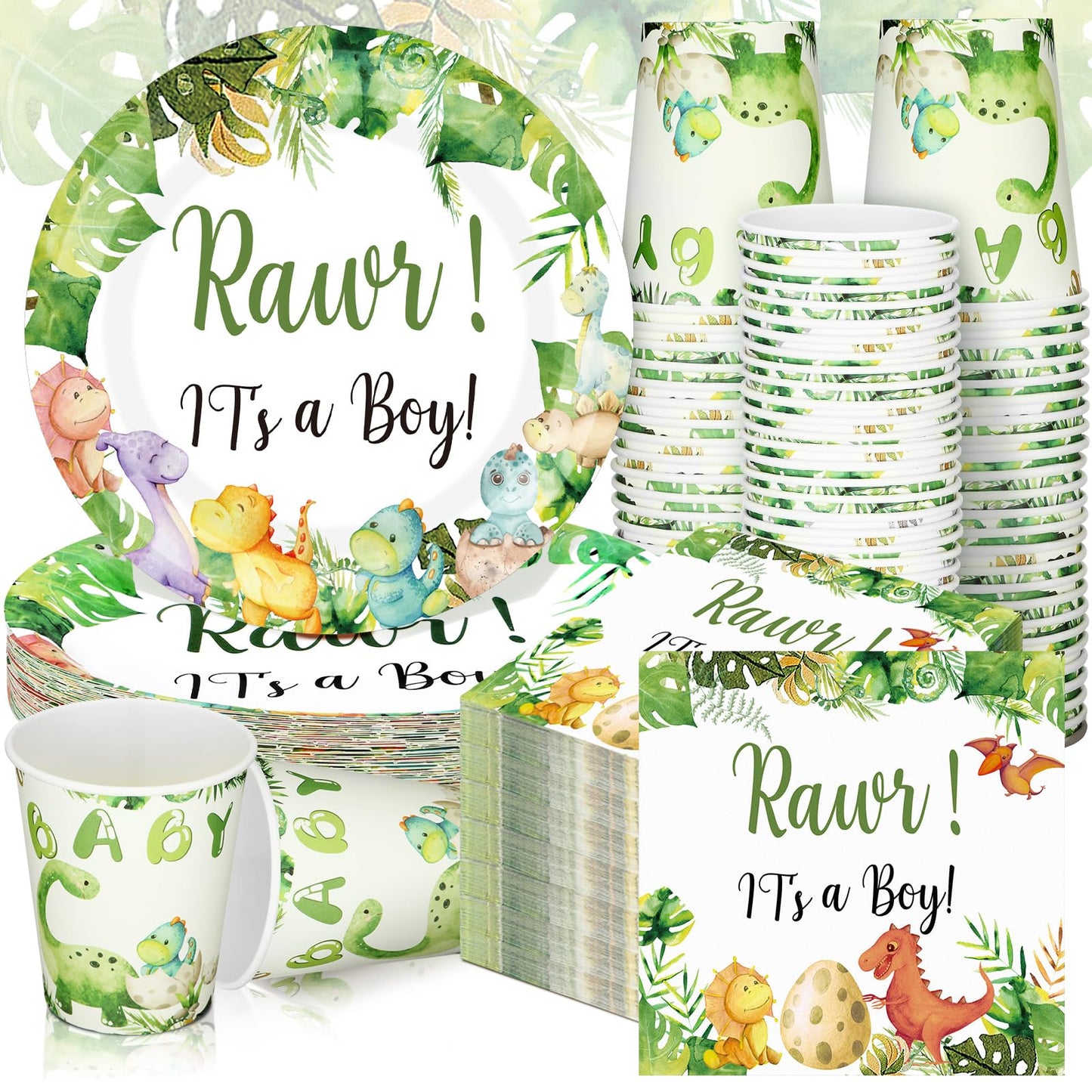 200 Pcs Dinosaur Baby Shower Paper Plates Napkins Cups Baby Shower Party Supplies Tableware Set Dinosaur Disposable Cup Napkin F