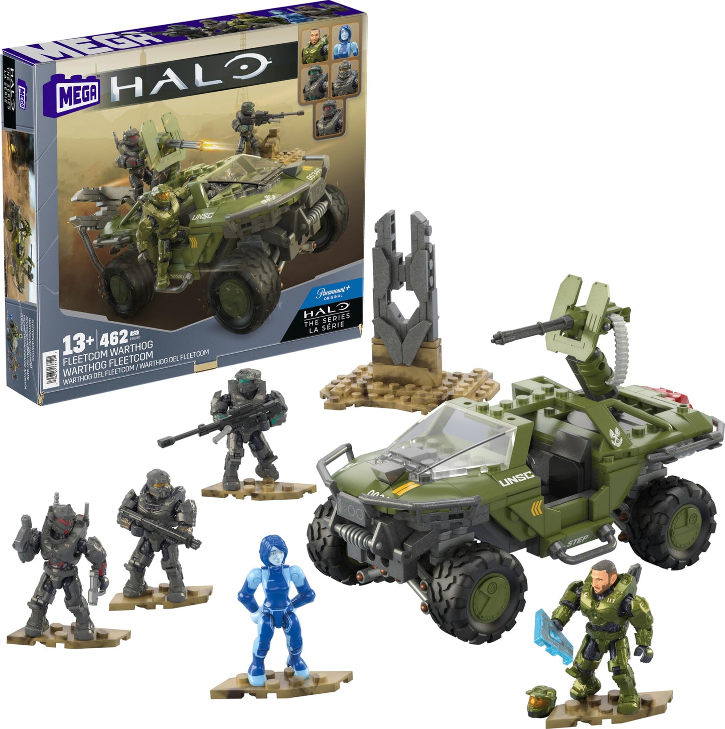 Mega Halo The Series Vehicle Building Toys Set, Fleetcom Warthog Atv With 469 Pieces, 5 Micro Action Figures, Poseable Articulation, Kids And Fans