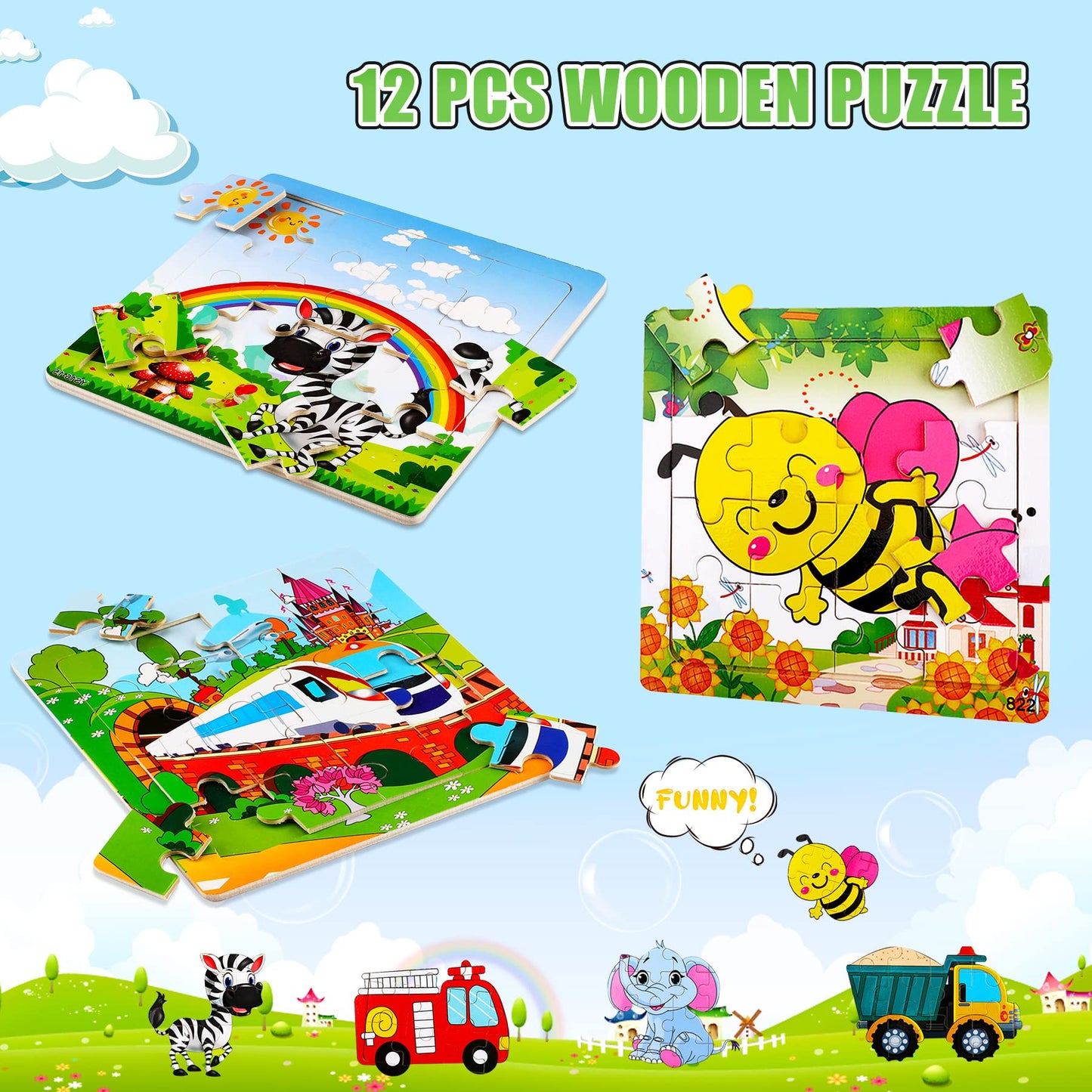 Sannix 12 Pack Wooden Jigsaw Puzzles For Toddlers 3 4 5 Years Old, Party Favors Animals Jigsaw For Kids, Transportation Educatio